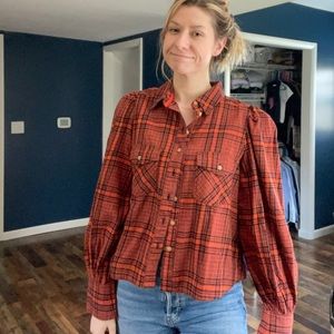 Orange and Navy plaid FP blouse